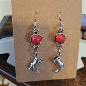 Boot Earrings Red and Silver Tone